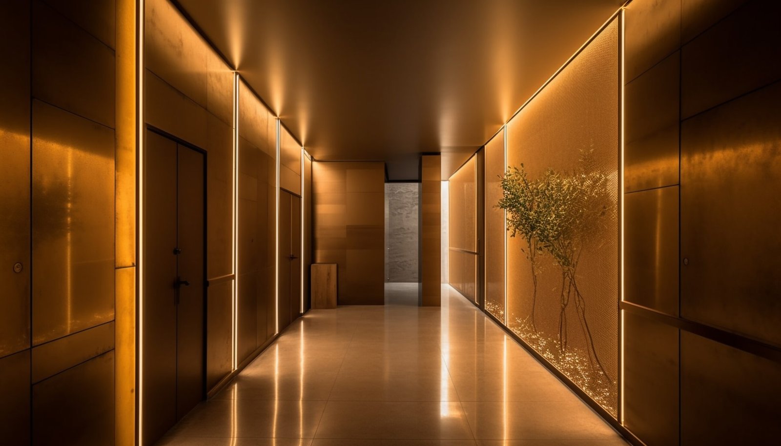 Futuristic design illuminates modern apartment empty corridor generated by artificial intelligence