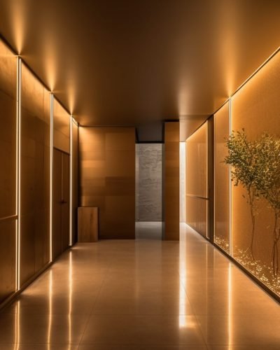 Futuristic design illuminates modern apartment empty corridor generated by artificial intelligence